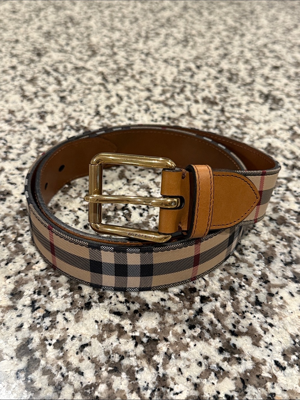 Burberry Beige/Tan Plaid Leather Belt with Gold Buckle